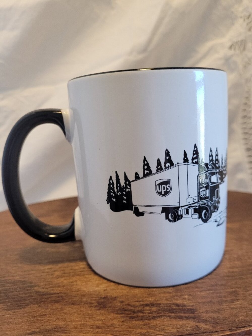 UPS Mug Christmas Country Scene Black and White 12ozs That Brown Delivery Truck
